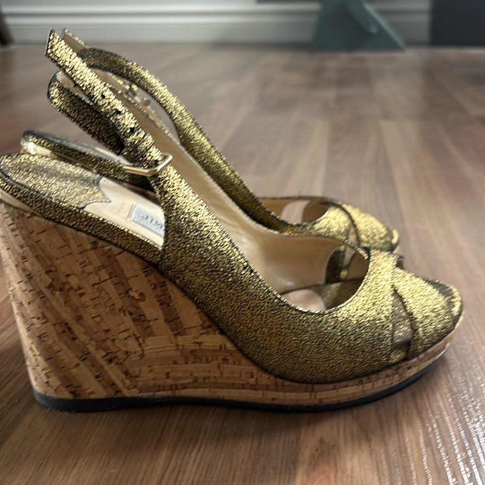 Jimmy Choo Amely 80 metallic cracked-leather cork wedge sandals